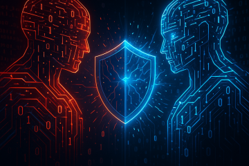 une illustration originale que tu peux intégrer en tête d’article. Elle met en scène l’affrontement symbolique entre deux entités algorithmiques – rouge (attaque) et bleue (défense) – séparées par un bouclier numérique étincelant.