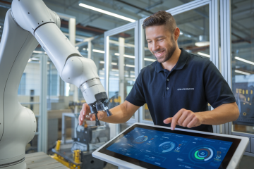 Illustration de la collaboration entre un humain et un robot dans un environnement de travail automatisé