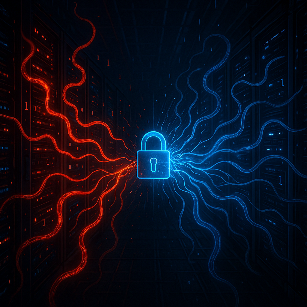 bataille de flux rouges et bleus dans une salle serveur, centrée sur un cadenas lumineux (idéale pour la section « Comment l’IA attaque / défend