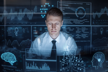 Illustration représentant un audit d'intelligence artificielle avec des graphiques et des données