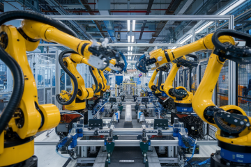 Illustration de l'automatisation des processus en entreprise avec des icônes de robot, diagrammes et flux de travail